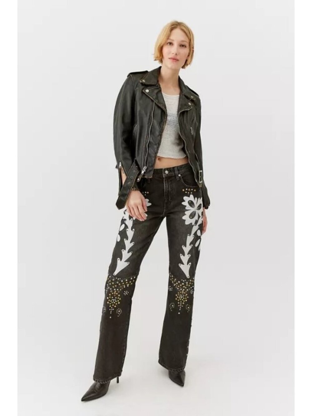 Black Denim Embroidered Embellished Studded Rockstar Flared Jeans 90s